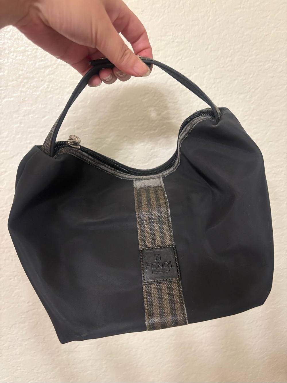 Auth FENDI Black Nylon-Pequin Stripes Carry-on Pouch- 8in x 8in x 6in